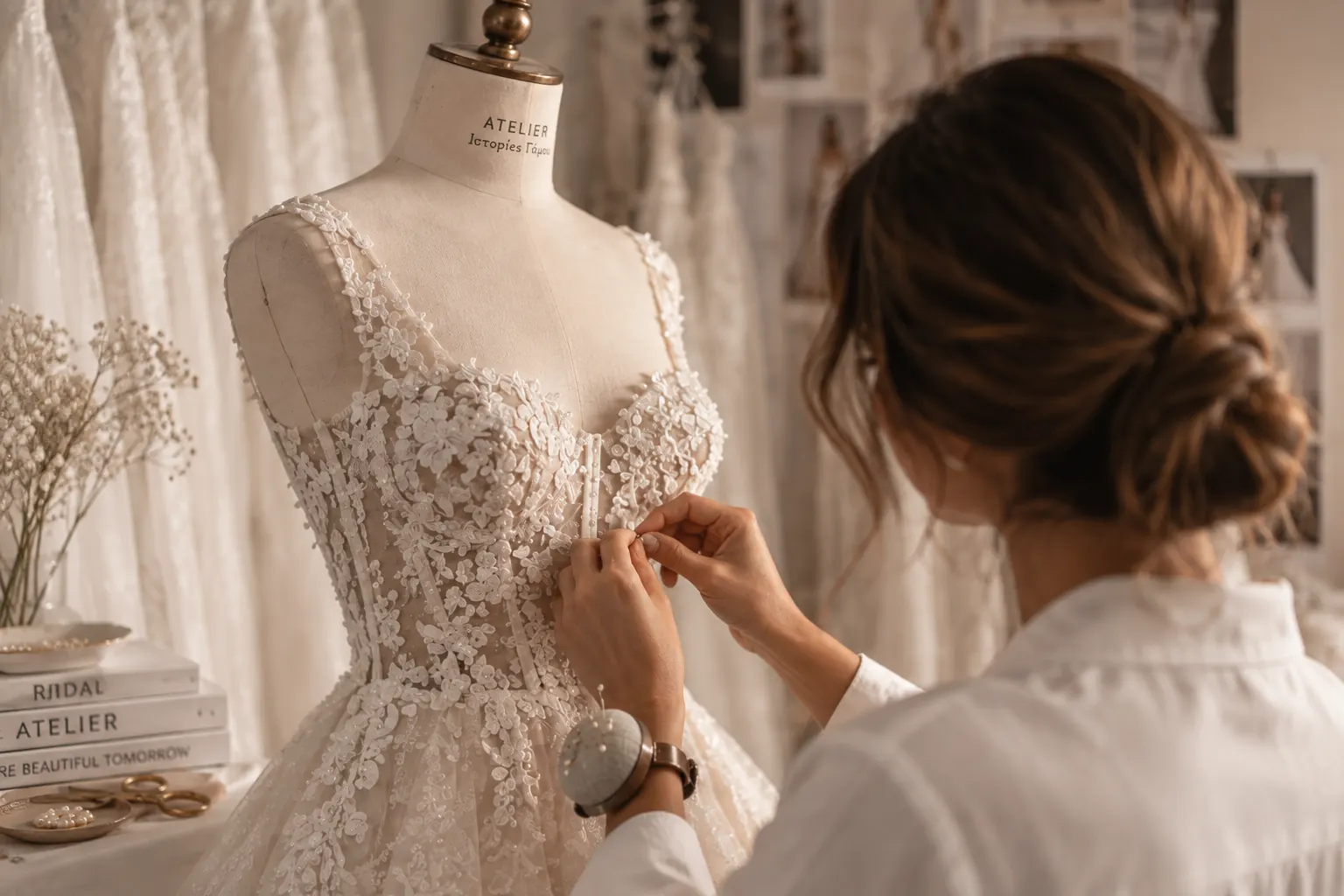Σχεδιάστρια που ράβει δαντέλα σε νυφικό στο atelier
